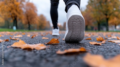 Autumn walk on a paved path.  Close-up of sneakers stepping on fallen leaves