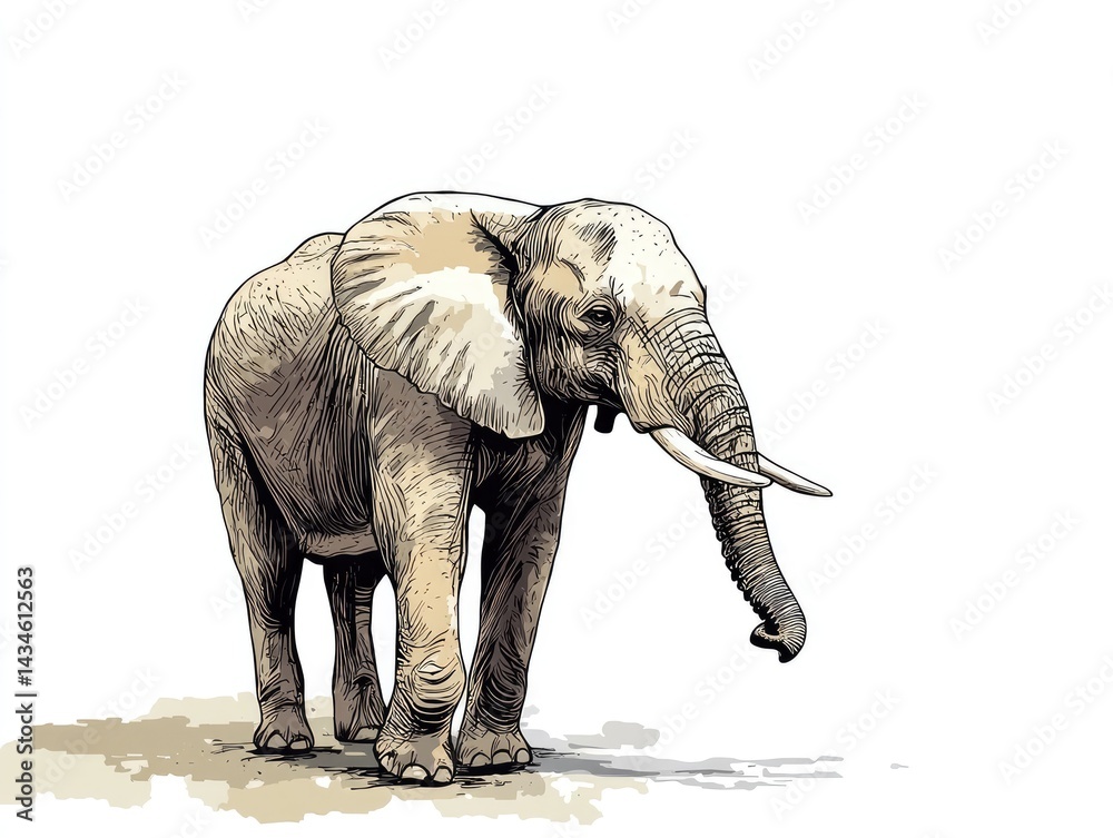 Fototapeta premium Elephant illustration, African savanna scene, detailed drawing