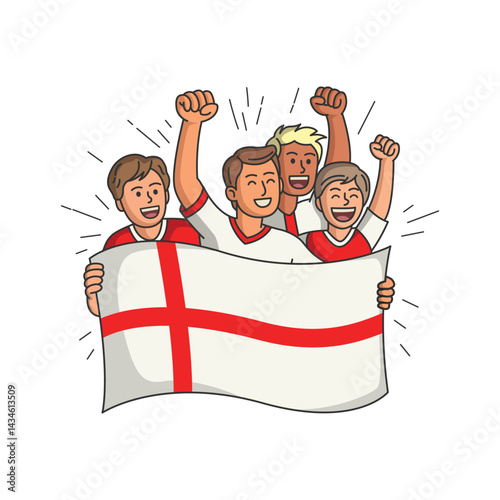 England Football fans support with flag. People Cricket match enjoy, celebrating game together. Flat vector illustration