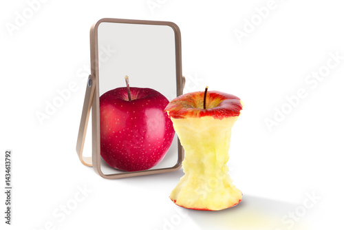 Bilde på lerret Almost eaten apple reflecting in mirror as whole, white background