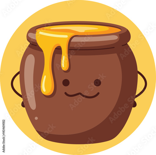 Cute honey pot with dripping honey illustration in warm yellow background vector graphic design 