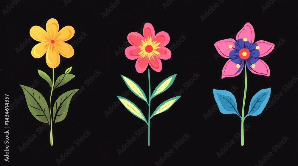 Obraz premium Three abstract flowers in colorful shades for decoration, design element on black