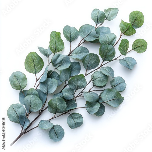 Lush green eucalyptus leaves arranged elegantly on a white background