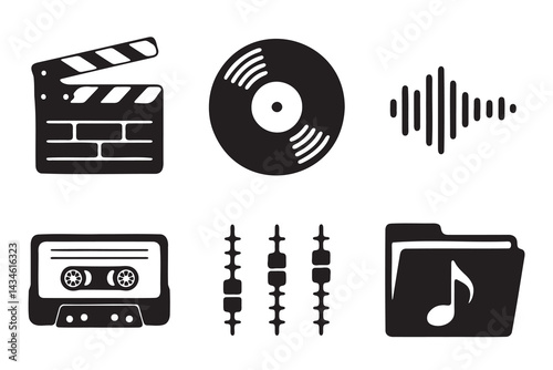 Collection of vintage music and film icons in a simple design.