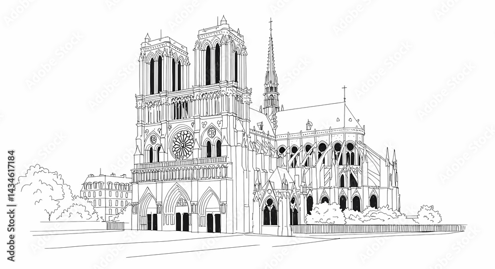 Fototapeta premium Notre Dame Cathedral, Paris, 1888: A Glimpse of Gothic Grandeur Juxtaposed with Modern Life
