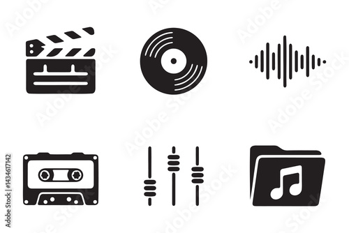 Simple Black Icons Representing Audiovisual Media