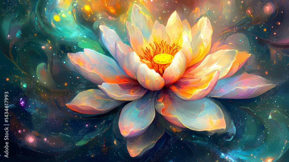Fototapeta premium Visualize a nebula depicted as a blooming flower in the cosmic garden, with petals of gas clouds spreading in vibrant colors across the space. nebula. illustration. Cosmic Blossom. Illustration