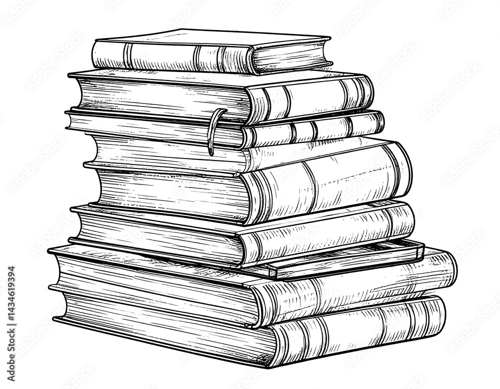 Fototapeta premium Stack of old books forming a tower of knowledge, hand-drawn illustration. AI Generative