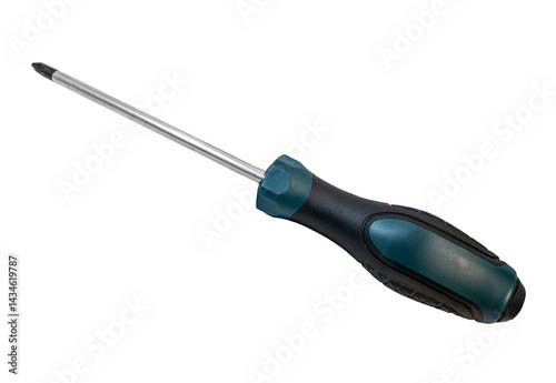 Phillips screwdriver with green and black handle isolated