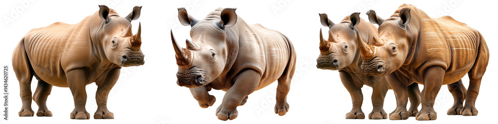 Obraz premium Rhinoceros isolated on a transparent background. A large, muscular rhino with thick, wrinkled skin and a prominent horn.