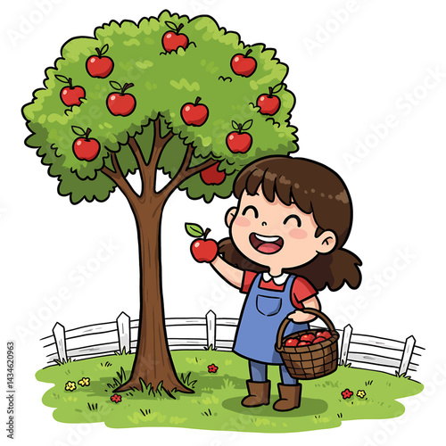 Cartoon Girl Happily Picking Red Apples from Tree with Bright Colors, Thick Black Outlines and Simple Farm Style on White Background