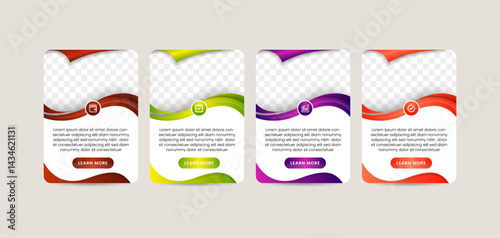 four step of Infographic design template with photo placeholder on top. the concept is combination of peeling stickers and wave. colorful gradient with icon and text. white background