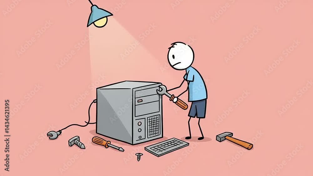A person repairing a computer with tools, illuminated by a lamp in a minimalist workspace