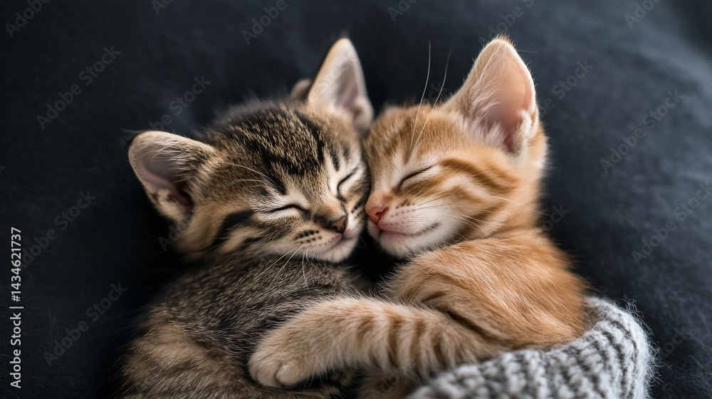 Fototapeta premium Two sleepy kittens cuddling on a dark fabric, soft knit blanket in background