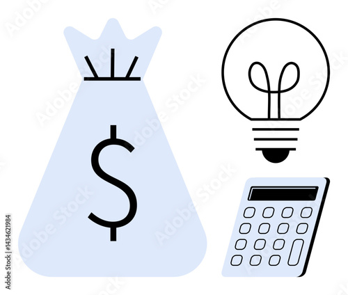 Money bag with dollar sign, glowing light bulb, and calculator represent savings, ideas, and budgeting. Ideal for finance, innovation, business strategy, investment productivity creativity