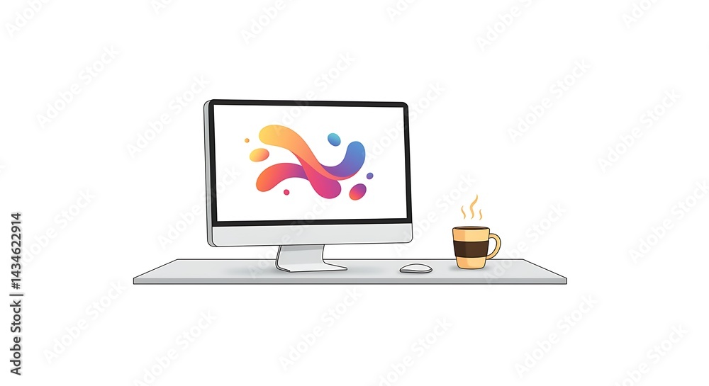 Computer with colorful abstract design on screen and coffee mug on a white surface on white background Computer with colorful abstract design on screen and coffee mug on a white surface on white background