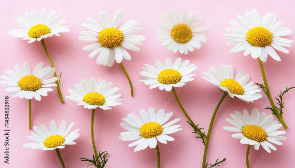 Obraz premium Delicate white daisies arranged artfully on a soft pink background