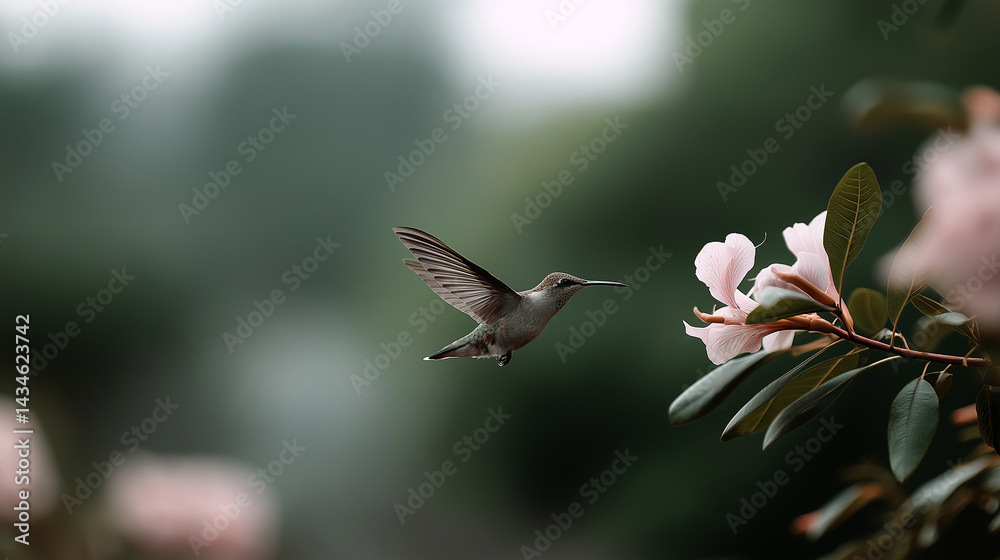 Naklejka premium Hummingbird Hovering Next to Pink Flower with Blurred Wings