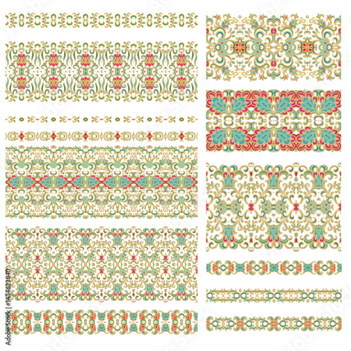 Set of Golden calligraphic floral ornaments, border vector pattern, ornamental laced design, on white background	
