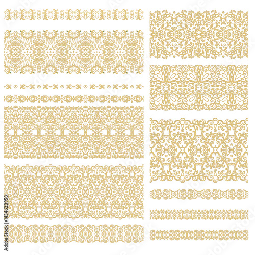 Set of Golden calligraphic floral ornaments, border vector pattern, ornamental laced design, on white background	
