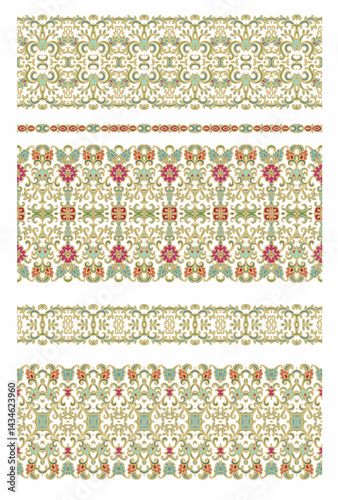Set of Golden calligraphic floral ornaments, border vector pattern, ornamental laced design, on white background	
