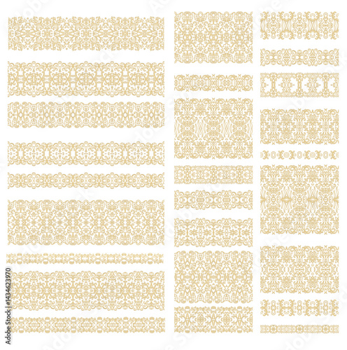 Set of Golden calligraphic floral ornaments, border vector pattern, ornamental laced design, on white background	
