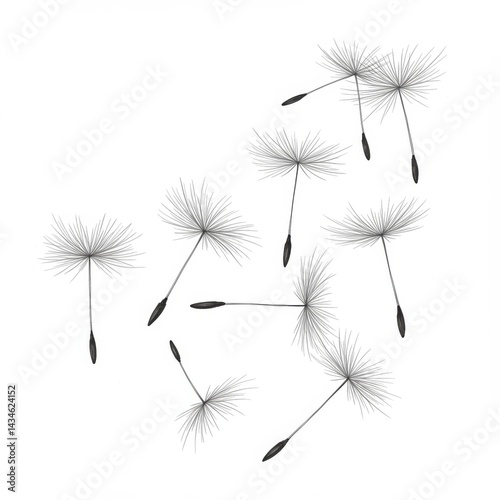 Scattered Dandelion Seeds on White Background