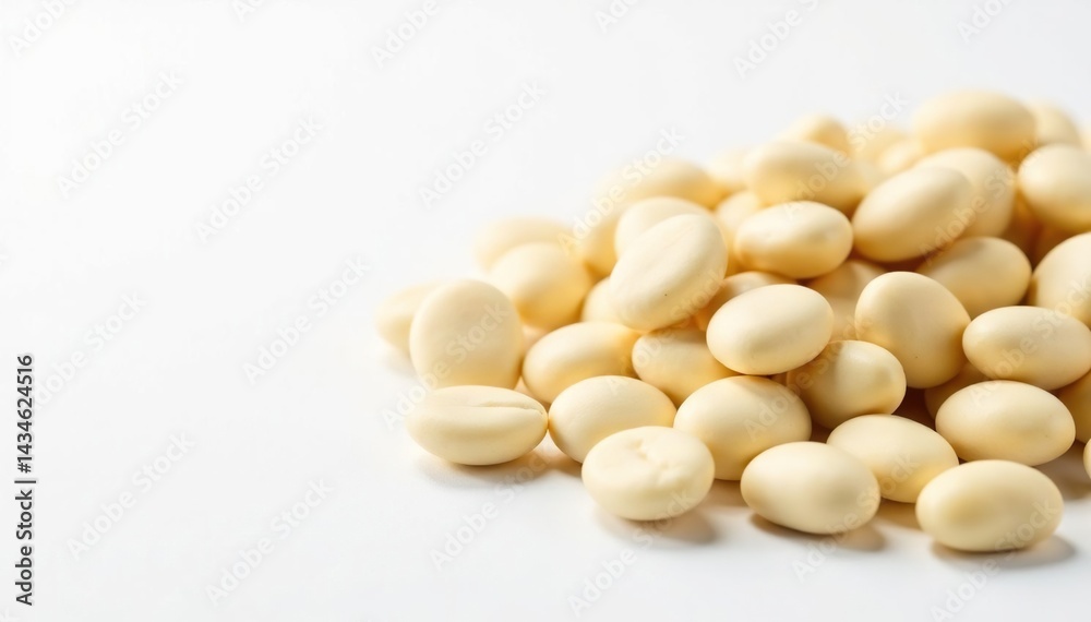 Close-up of white beans on pure white background, texture, studio shot Close-up of white beans on pure white background, texture, studio shot