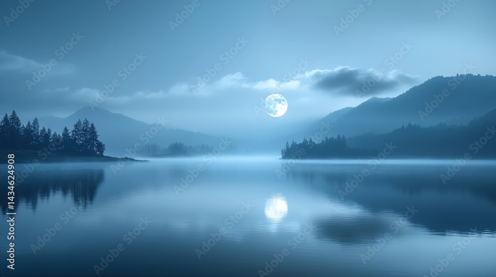 Obraz premium Serene lake at night under a full moon