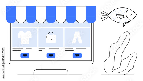 Computer screen with online shopping categories under storefront awning, shopping cart buttons, floating fish, and seaweed. Ideal for online marketplace, retail, technology, shopping, marine