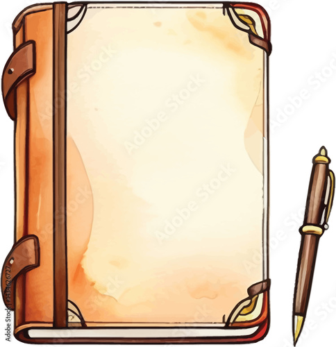 Vintage Journal And Pen Watercolor Style Illustration For Vector Scrapbooking Writing Prompts