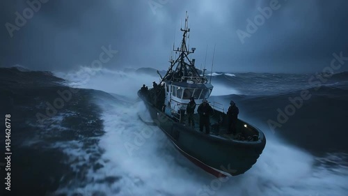 Boat navigates rough sea, facing large waves under a stormy sky, with visible figures on deck
