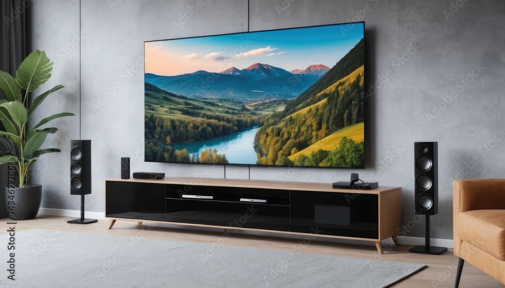Fototapeta premium The modern living room interior is equipped with a flat-screen television on the table, with minimalist style furniture.