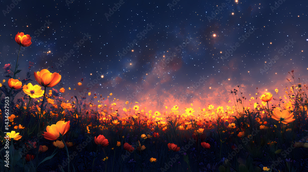 A starry night sky above an open field of wildflowers, with yellow and orange petals illuminated by the soft glow from the constellations. Nebula Petals. Illustration A starry night sky above an open field of wildflowers, with yellow and orange petals illuminated by the soft glow from the constellations. Nebula Petals. Illustration