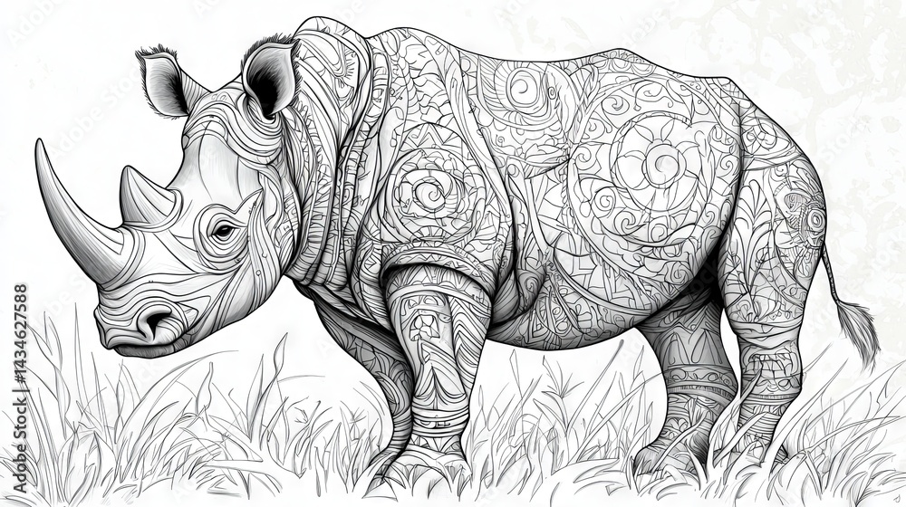 Fototapeta premium Intricate Rhinoceros Coloring Page Design for Art Therapy