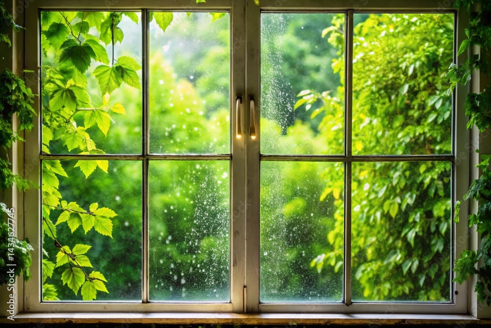 Rainy Day View Through a Window with Flowers Rainy Day View Through a Window with Flowers