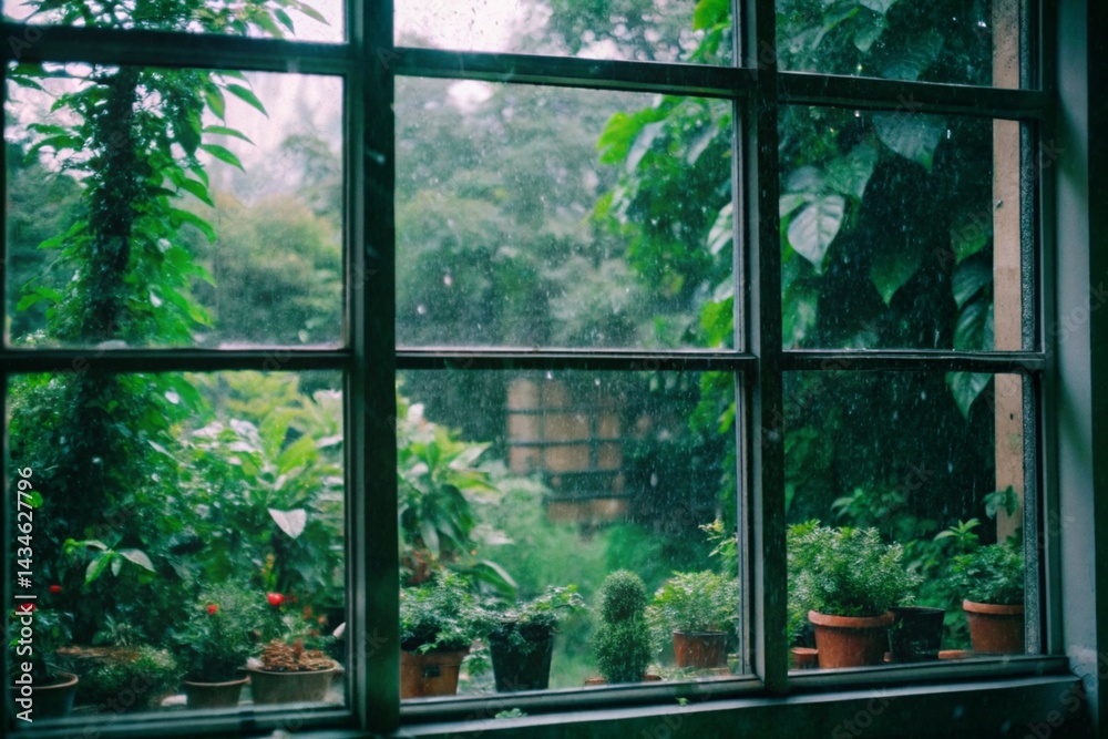 Naklejka premium Rainy Day View Through a Window with Flowers