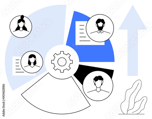 Gear and segmented chart with user profiles, upward arrow, documents, and abstract plant. Ideal for teamwork, workflow management, process improvement, planning, user profiles data trends