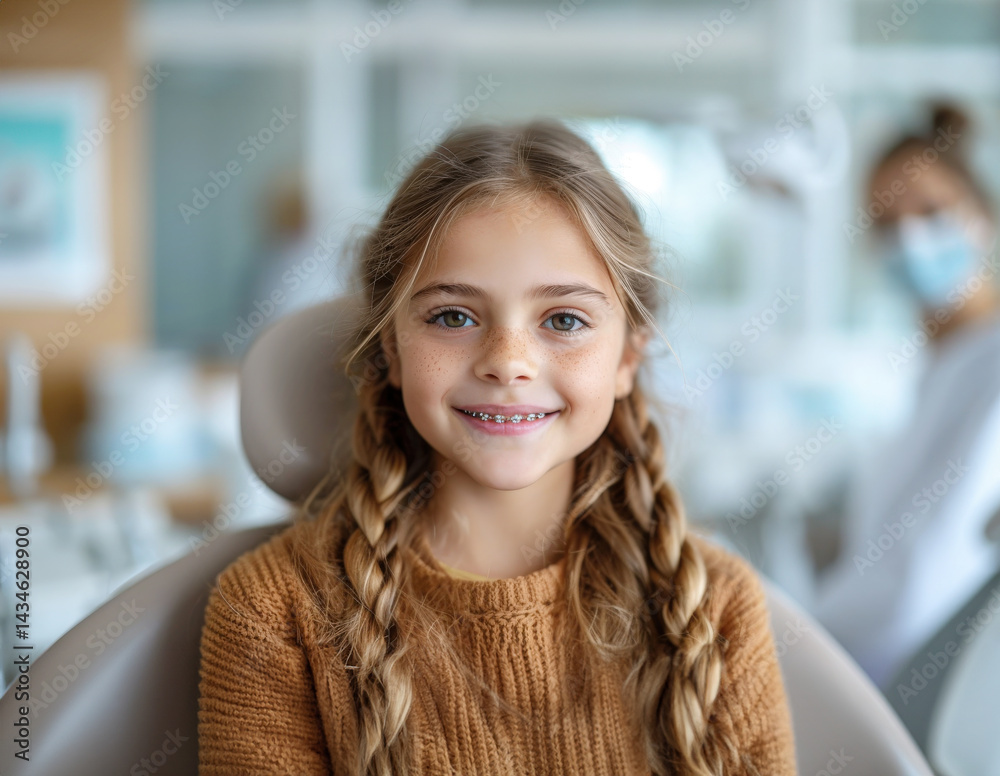 Fototapeta premium Little girl is smiling while sitting in dental chair, having an examination at dentist, prevention, treatment, braces, bite. Medical care.