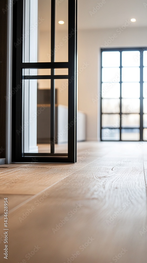 Fototapeta premium Light Oak Floor and Black Metal Framed Glass Door Interior