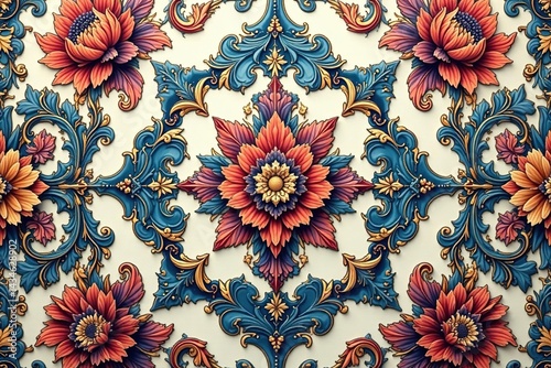 Elegant floral damask pattern, intricate design, photo, image, textile