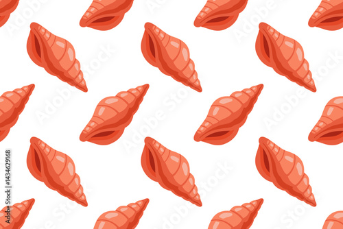 Seamless summer seashells pattern. Cartoon red spiral conch vector repeat background