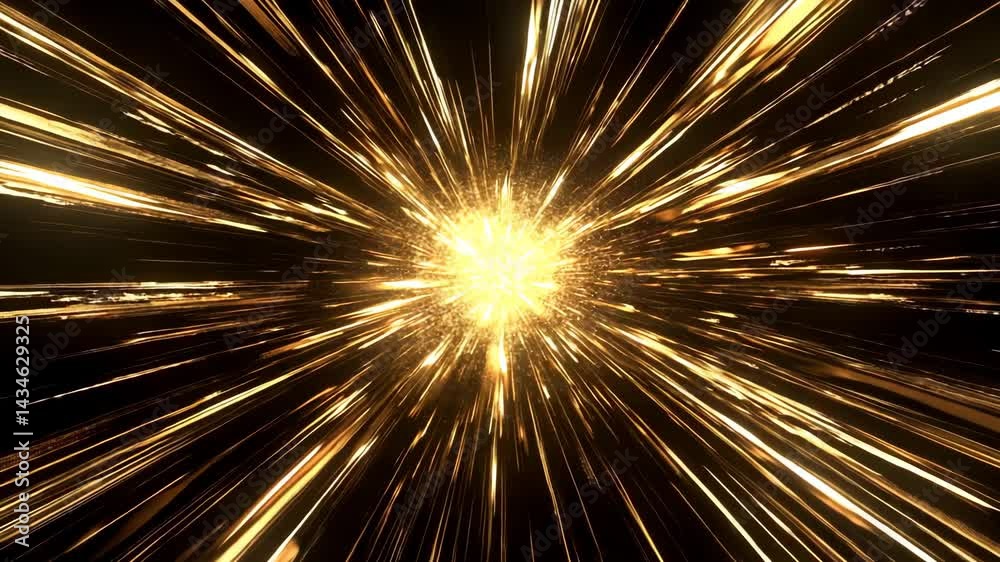 Golden light streaks radiate from a central point in dark space, creating a sense of speed and energy
