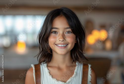 Close up portrait beautiful cheerful teenage girl with open smile on room background. Concept happy childhood, healthy smile, braces, copy space, place for text Free Download Close up portrait beautiful cheerful teenage girl with open smile on room background. Concept happy childhood, healthy smile, braces, copy space, place for text - GFXLoad