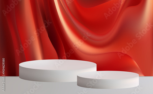 White cylindrical podiums elegantly stand out against a backdrop of luxurious red draped fabric. Eps 10