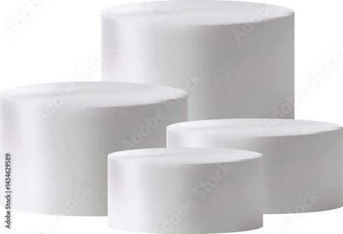 Four white cylindrical podiums of different heights are elegantly arranged on a white background. Their clean design and placement emphasize a modern style and provide space for showcasing multiple pr