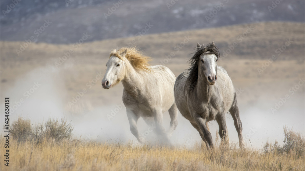 Obraz premium Galloping horses in a dusty landscape embodying freedom and strength, showcasing the beauty of nature's wild spirit