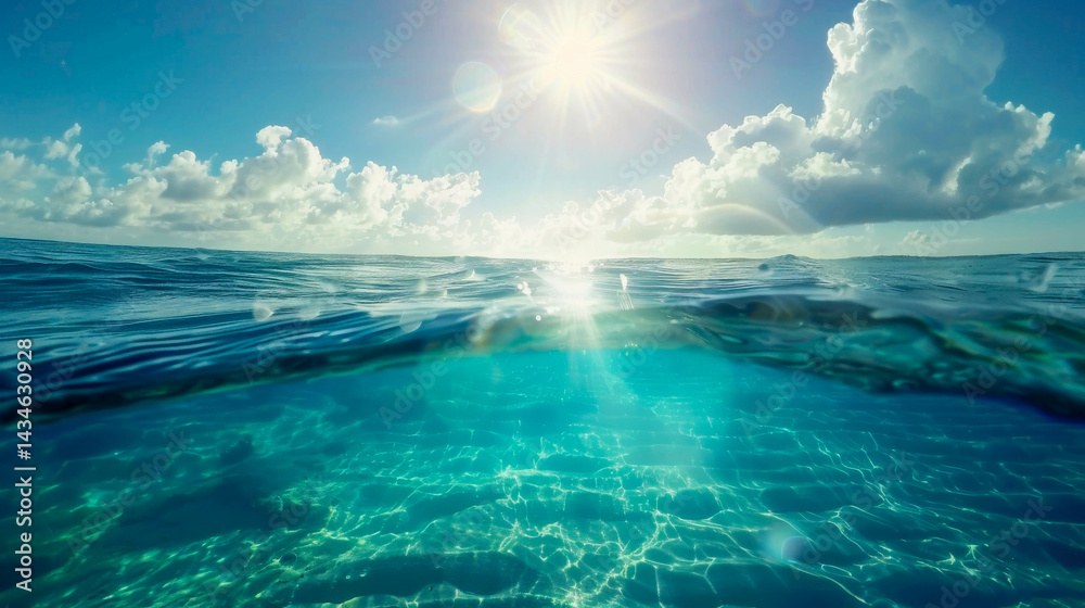 Naklejka premium Ocean waves gently reflect sunlight, creating a serene atmosphere with vibrant blue waters and clouds