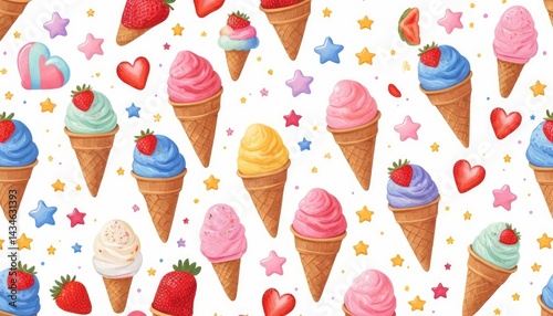 Ice cream seamless pattern features a sweet set of frozen treats like chocolate and strawberry cones, a delicious vector illustration perfect for a cool summer background
