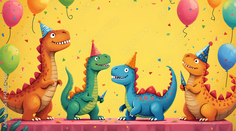 Obraz premium Cartoon Dinosaurs Celebrating at Party with Balloons and Confetti
